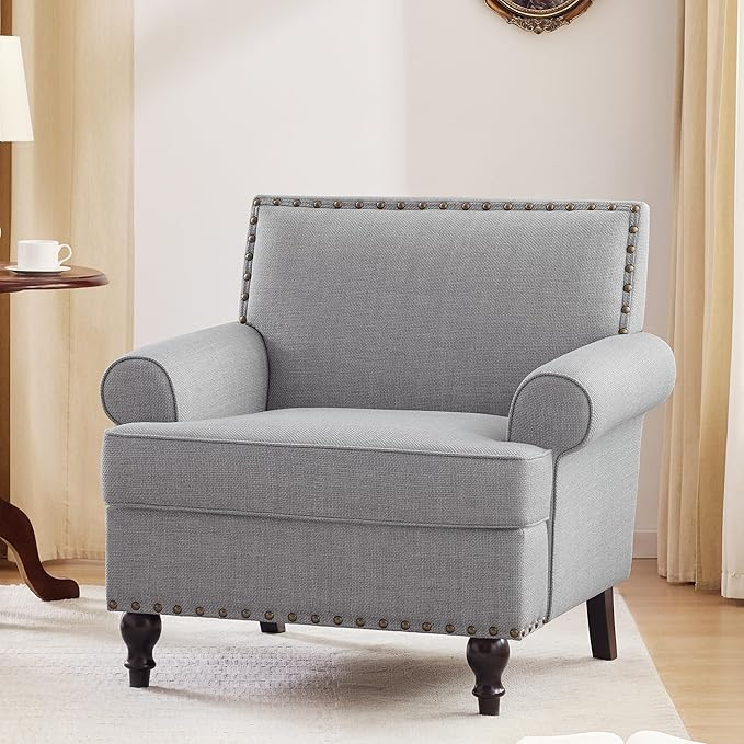 The Riveted Linen-Textured Accent Chair-Grey