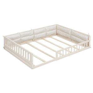 Wood Full Size Upholstered Platform Bed with Guardrail and Pillow