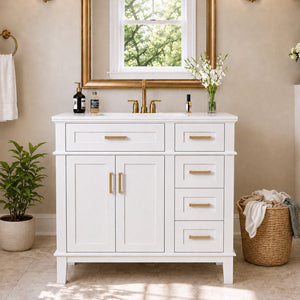 36-Inch White Modern Bathroom Vanity with Ceramic Sink
