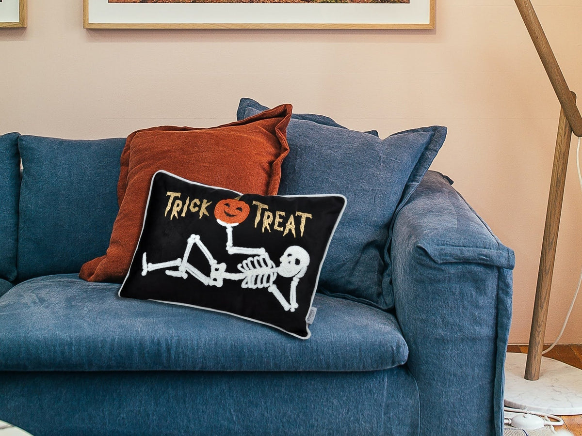 Embroidered Velvet Halloween Skeleton Lumbar Pillow with Skeleton Design - Black