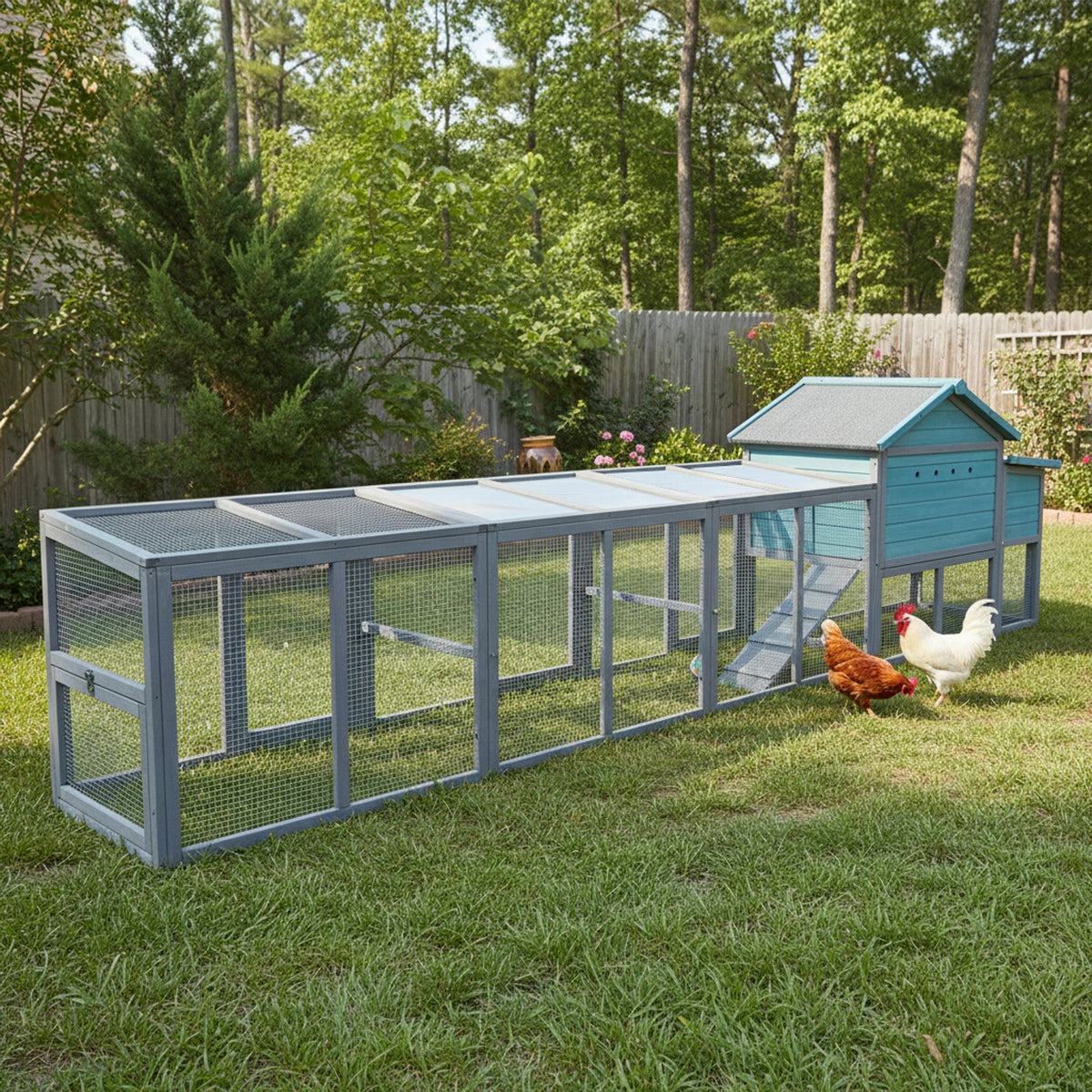 141" Large Wooden Chicken Coop with Nesting Box and Wire Fence - Blue-Gray