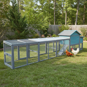 141" Large Wooden Chicken Coop with Nesting Box and Wire Fence - Blue-Gray