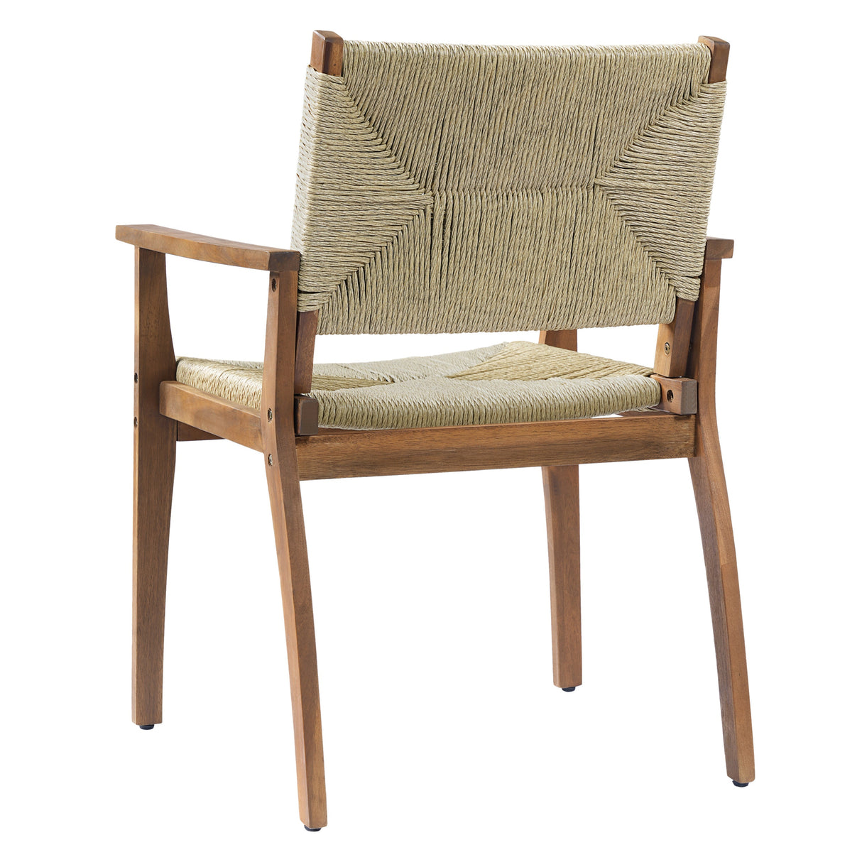 5-Piece Outdoor Dining Set: Teak Finish Round Acacia Wood Table & 4 Teak Finish Wicker Armchairs