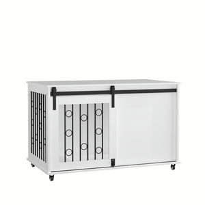 Dog Crate With Sliding Barn Door And Side Access, Lockable Wheels For Small To Medium Dogs - White