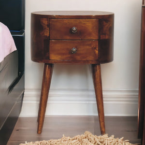 Solid Wood Mini Chestnut Rounded Nightstand, 2-Drawers, Nordic Legs