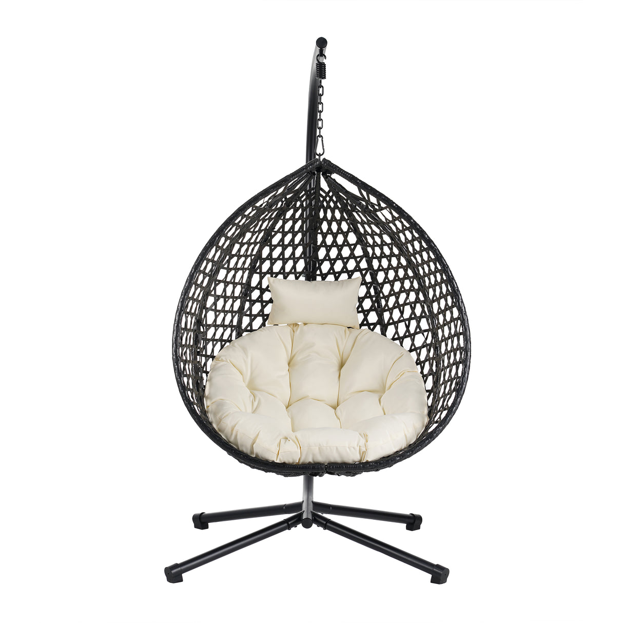 Black + Beige Hanging Chair with Adjustable Headrest and Iron Base