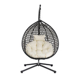 Black + Beige Hanging Chair with Adjustable Headrest and Iron Base