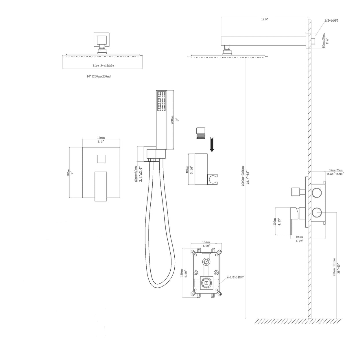 Dual Shower Head 10" Wall Mounted Shower System with Anti-Scald Valve - Black, Gold, or Gray