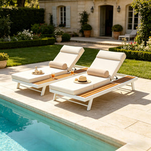 White Iron and Teak Finish Outdoor Chaise Lounge Set