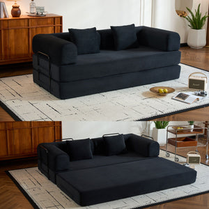 Convertible Sleeper Sofa Bed With Cylindrical Pillow, With Fixed Shape Frame