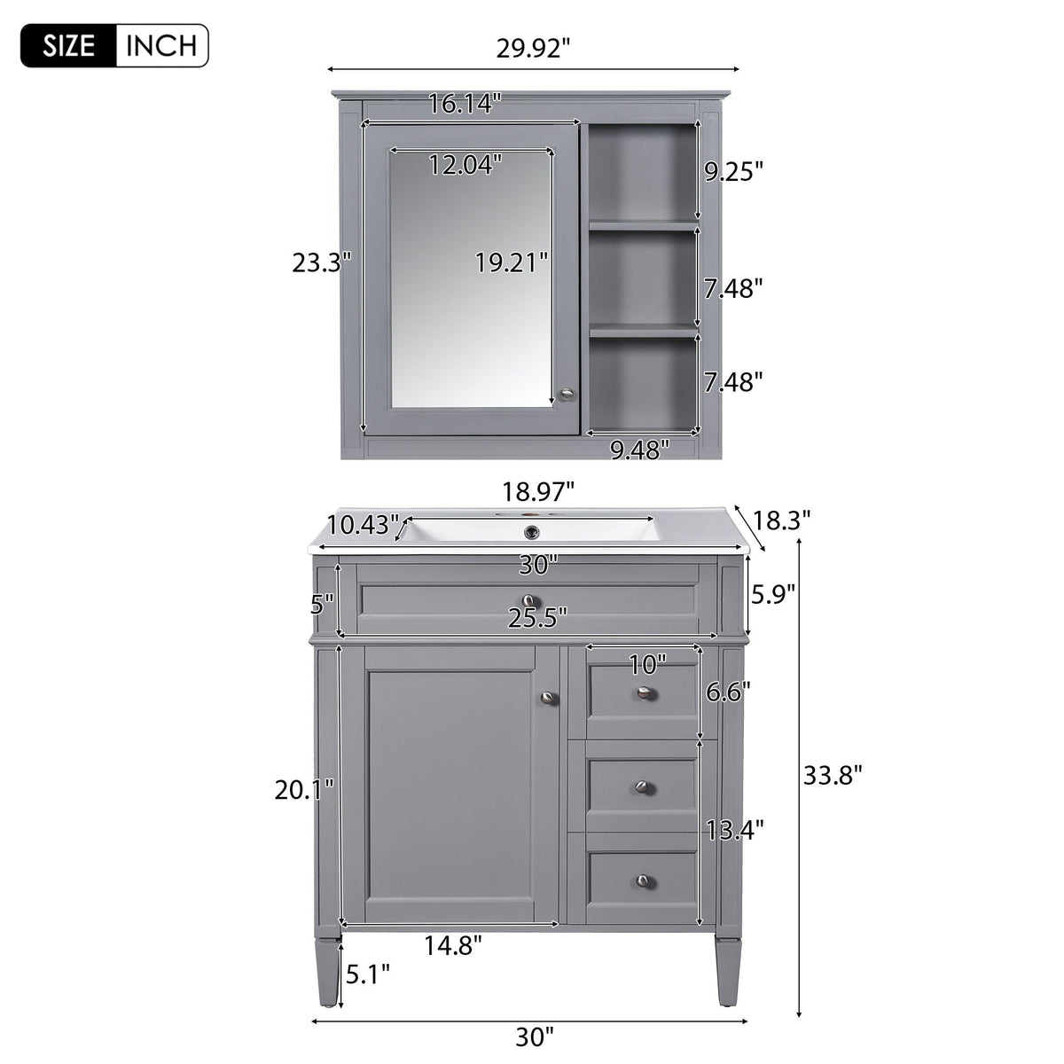Bathroom Vanity With Top Sink, Freestanding Storage Cabinet With 2 Doors And 3 Drawers, Mirror Cabinet Included - Gray