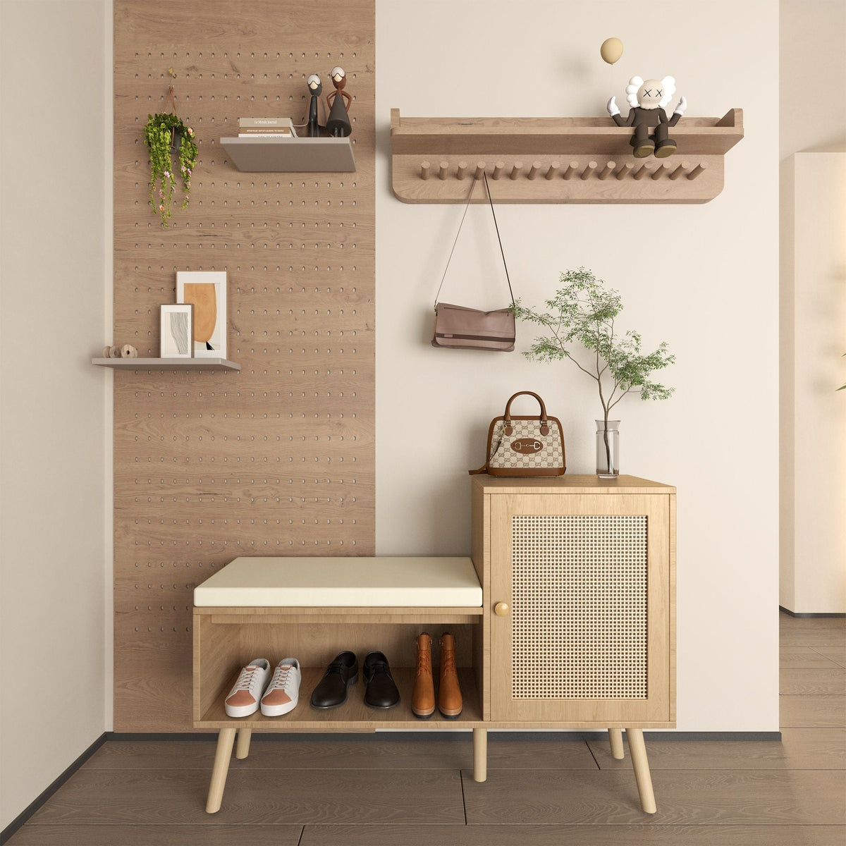 2 In 1 Shoe Storage Bench With Adjustable Shelves - Antique Natural / Rattan