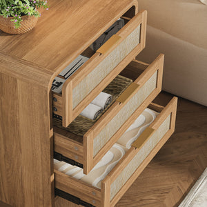 Rattan Nightstand with 3 Drawers set of 2, 22.8' Wide Curved Wooden Bedside Table, Modern Storage for Bedroom, Caramel Oak.