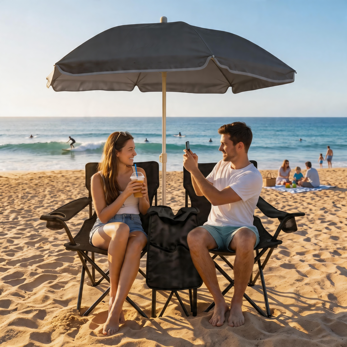 Portable Folding Picnic Chair Set with Umbrella, 2-Person Outdoor Camping Chairs