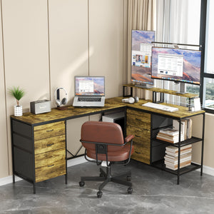 Industrial L Shaped Desk With Power Hub With 6 Drawers And Adjustable Monitor Stands - Brown