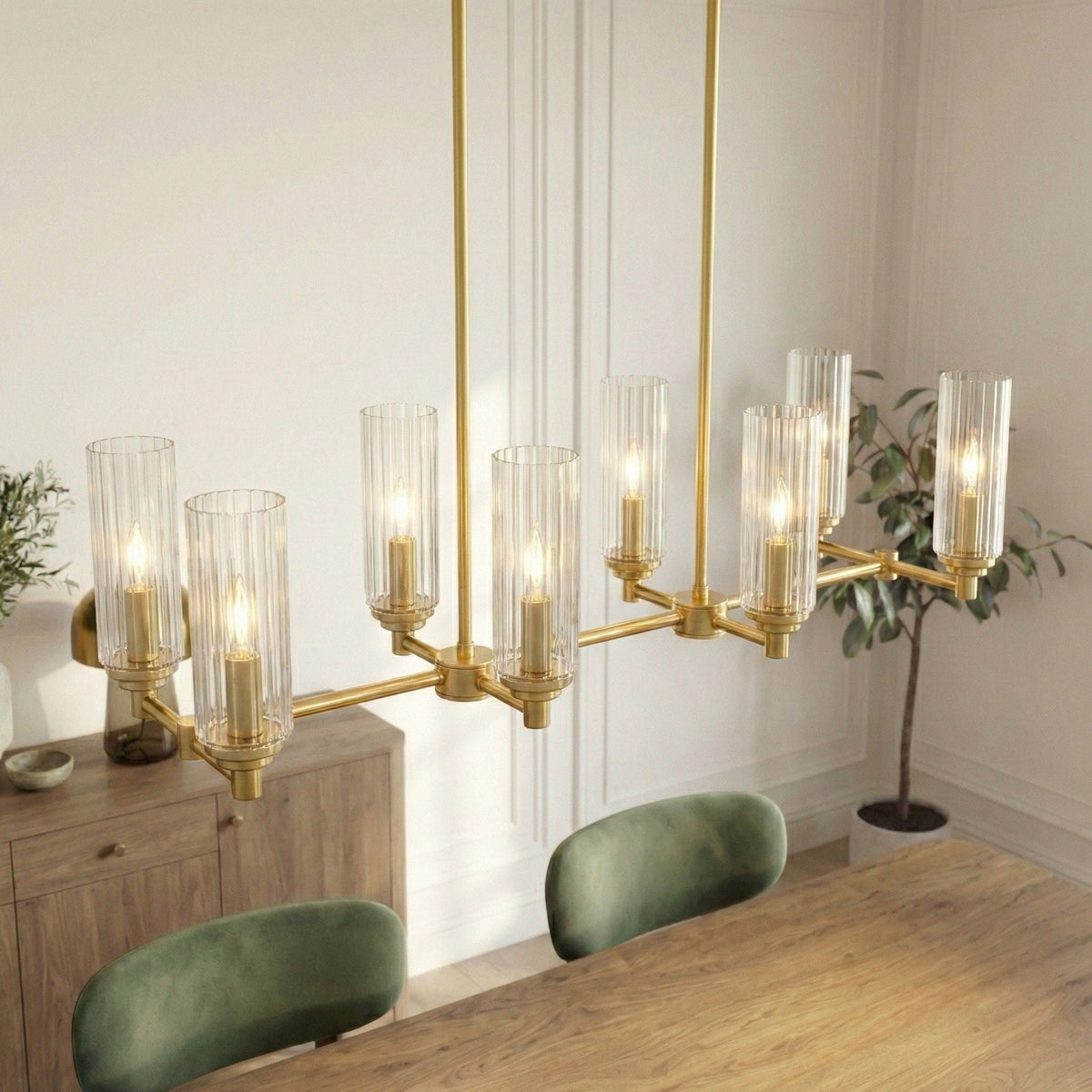 Willow - 8 Lights Island With Clear Ribbed Pendant Lamp Satin - Antique Brass / Clear / Gold