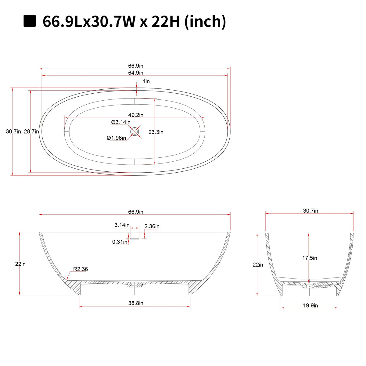 67" Freestanding Bathtub with Pop-up Drain