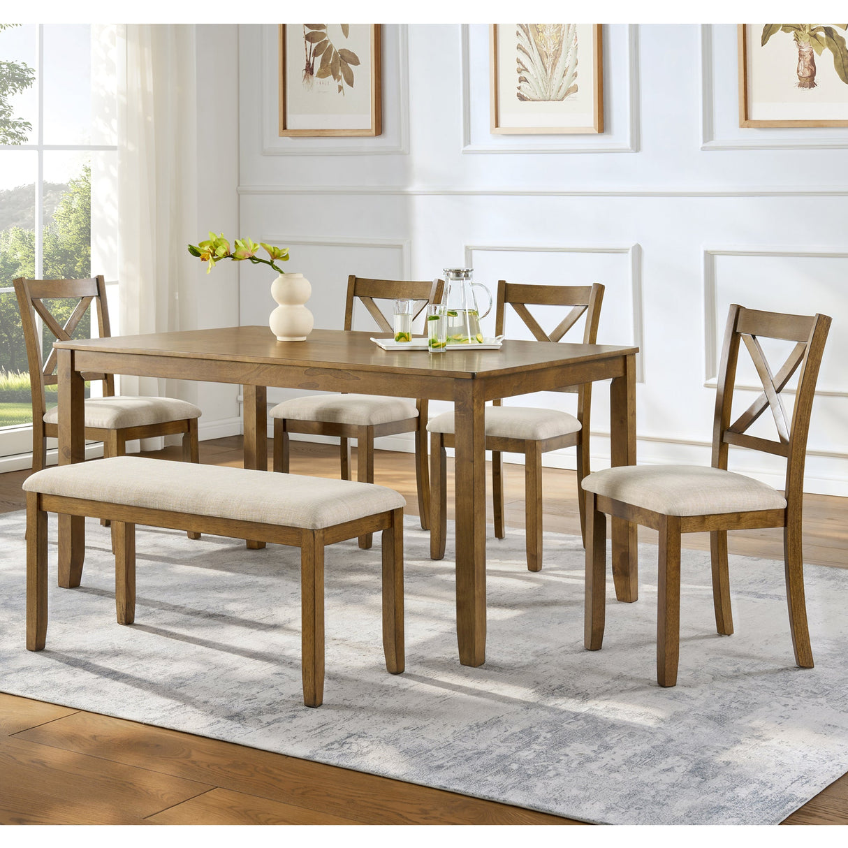 Oak Finish 6-Piece Dining Table Set