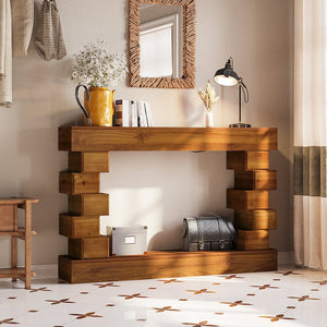 Geometric Block Stacked Wood Console Table