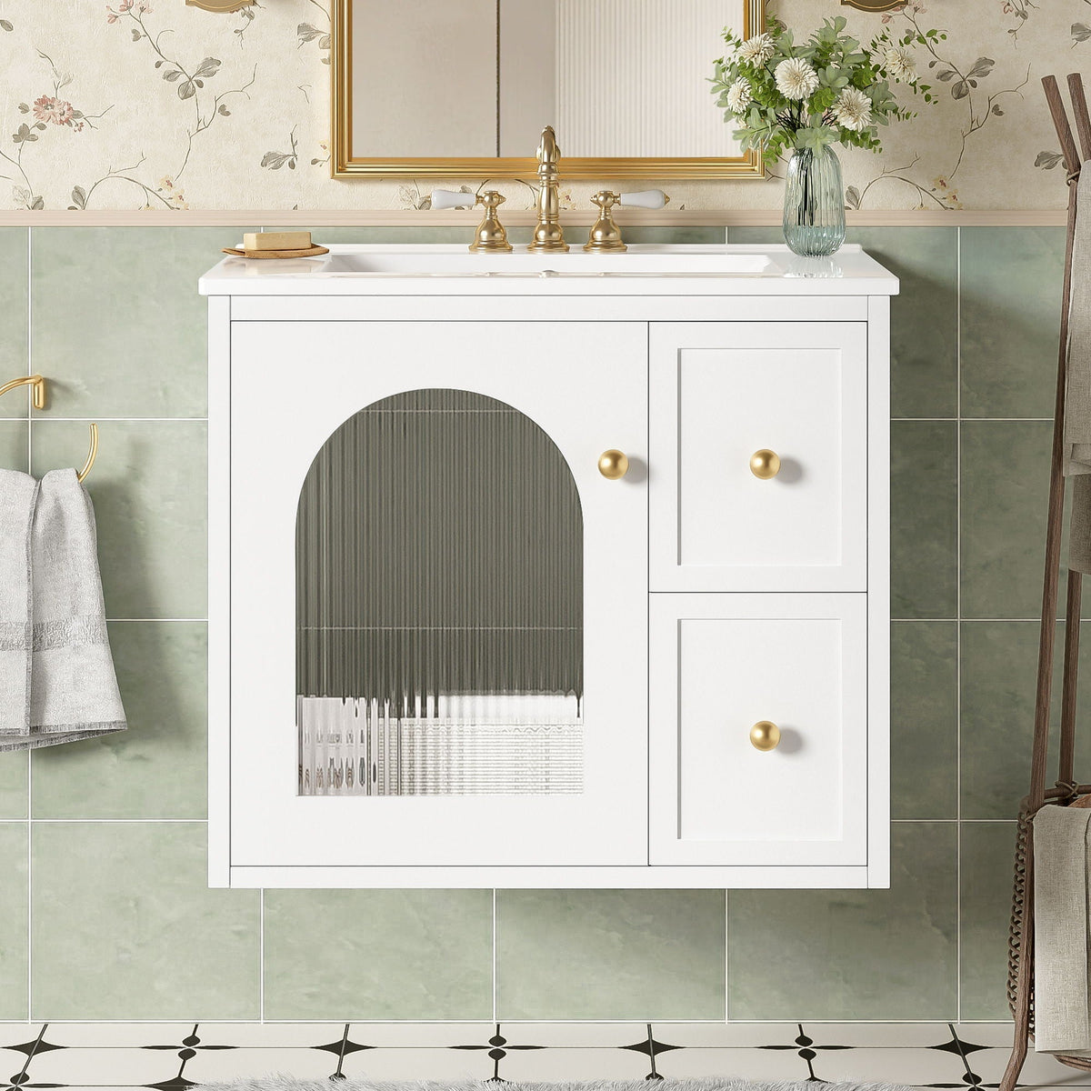 Wall-Mounted Bathroom Vanity Set with Ceramic Sink and Soft-Close Drawers - Black, Beige, or White