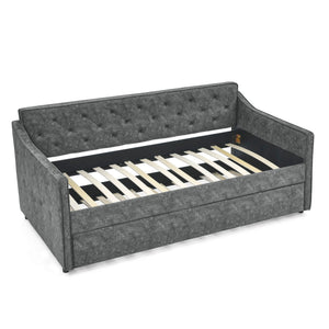 Twin Upholstered Daybed With Trundle, Waved Arms - Gray