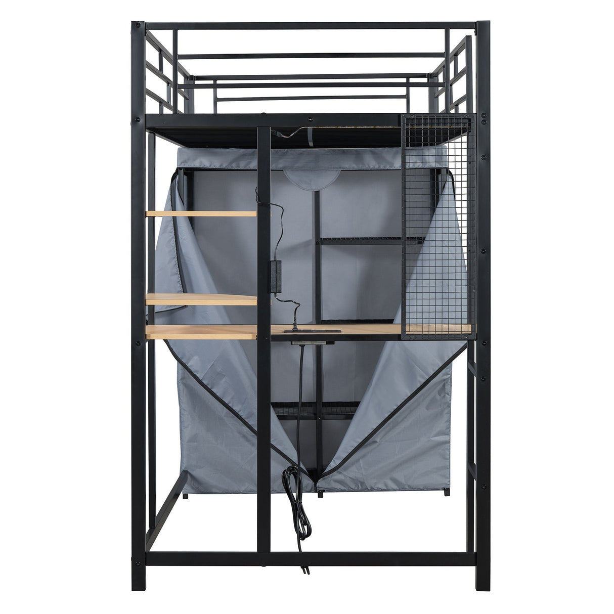 Loft Bed With Desk, Shelves, Power Outlet, LED Light And Wardrobe