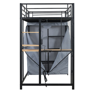 Loft Bed With Desk, Shelves, Power Outlet, LED Light And Wardrobe