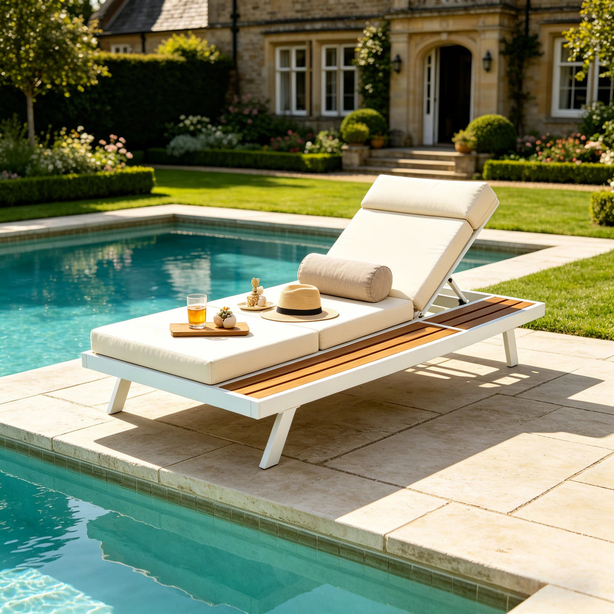 White Iron and Teak Finish Outdoor Chaise Lounge Set