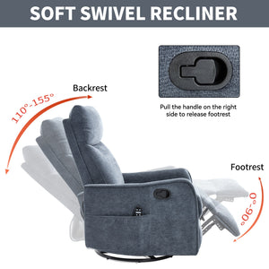 Blue Heat Massage Manual Recliner Chair with Rocker and Swivel