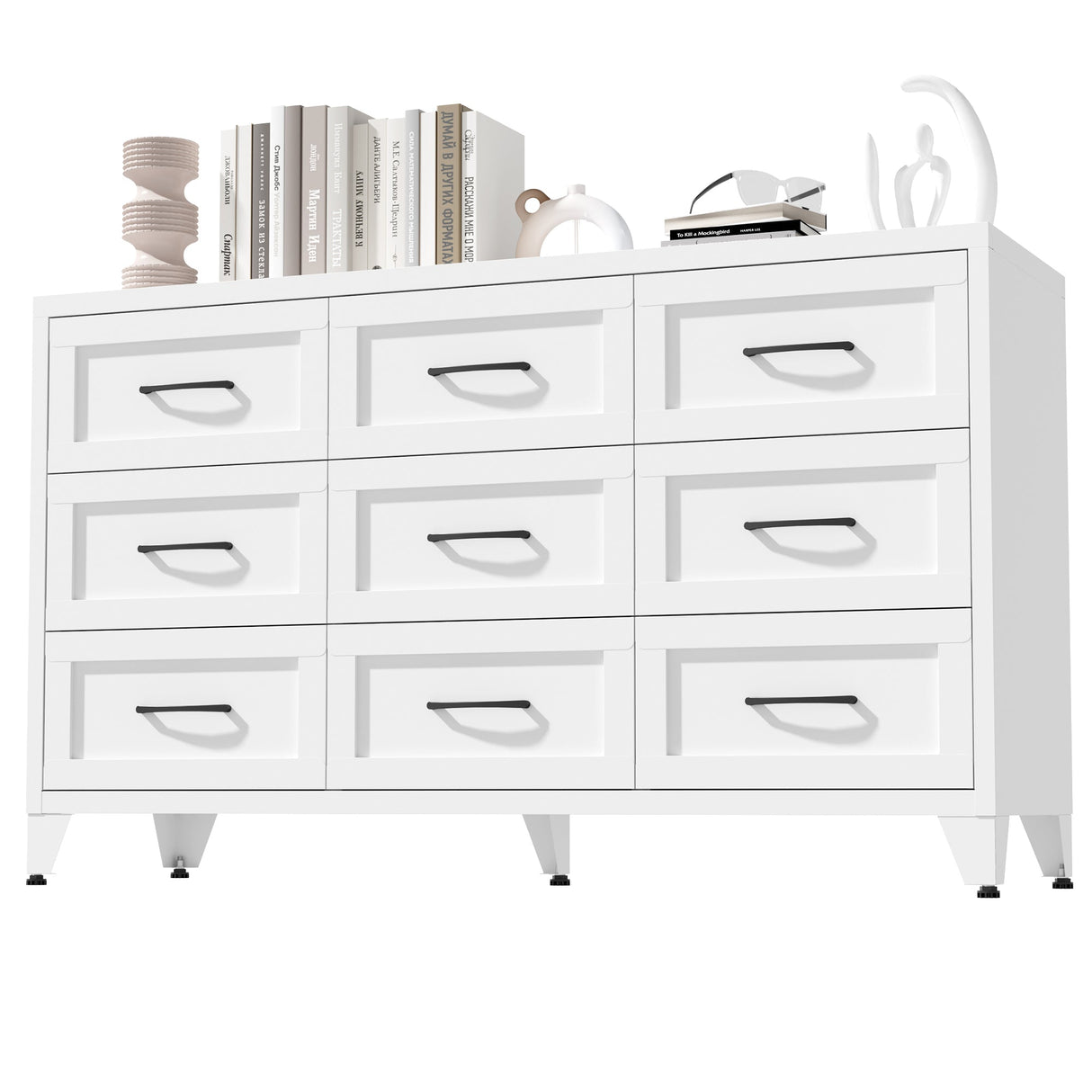 9 Drawer Dresser for Bedroom, Metal Profile Chest of Drawers, White Bedroom Dresser with Storage Drawers for Closet, Hallway, Entryway, Steel Furniture with Quiet-Glide Rails, Easy-Clean & Scratch