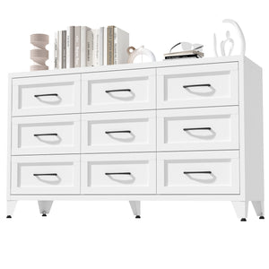 9 Drawer Dresser for Bedroom, Metal Profile Chest of Drawers, White Bedroom Dresser with Storage Drawers for Closet, Hallway, Entryway, Steel Furniture with Quiet-Glide Rails, Easy-Clean & Scratch
