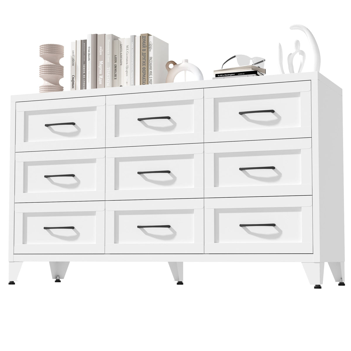 9 Drawer Dresser for Bedroom, Metal Profile Chest of Drawers, White Bedroom Dresser with Storage Drawers for Closet, Hallway, Entryway, Steel Furniture with Quiet-Glide Rails, Easy-Clean & Scratch