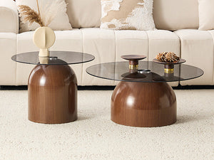 Nesting Coffee Table Set of 2 with Glass Desktop in Walnut