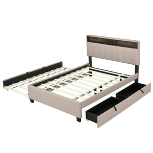 Upholstered Platform Bed With Storage Headboard, Trundle & 2 Drawers And A Set Of Sockets & USB Ports