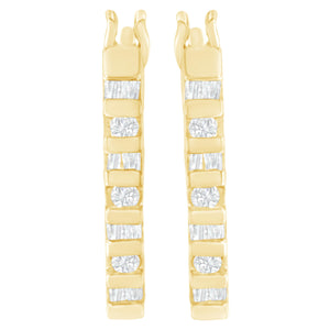 10K Yellow Gold Round and Baguette Cut Diamond Oblong Hinged Leverback Hoop Earrings (Â¼ Cttw, I-J Color, I2-I3 Clarity)