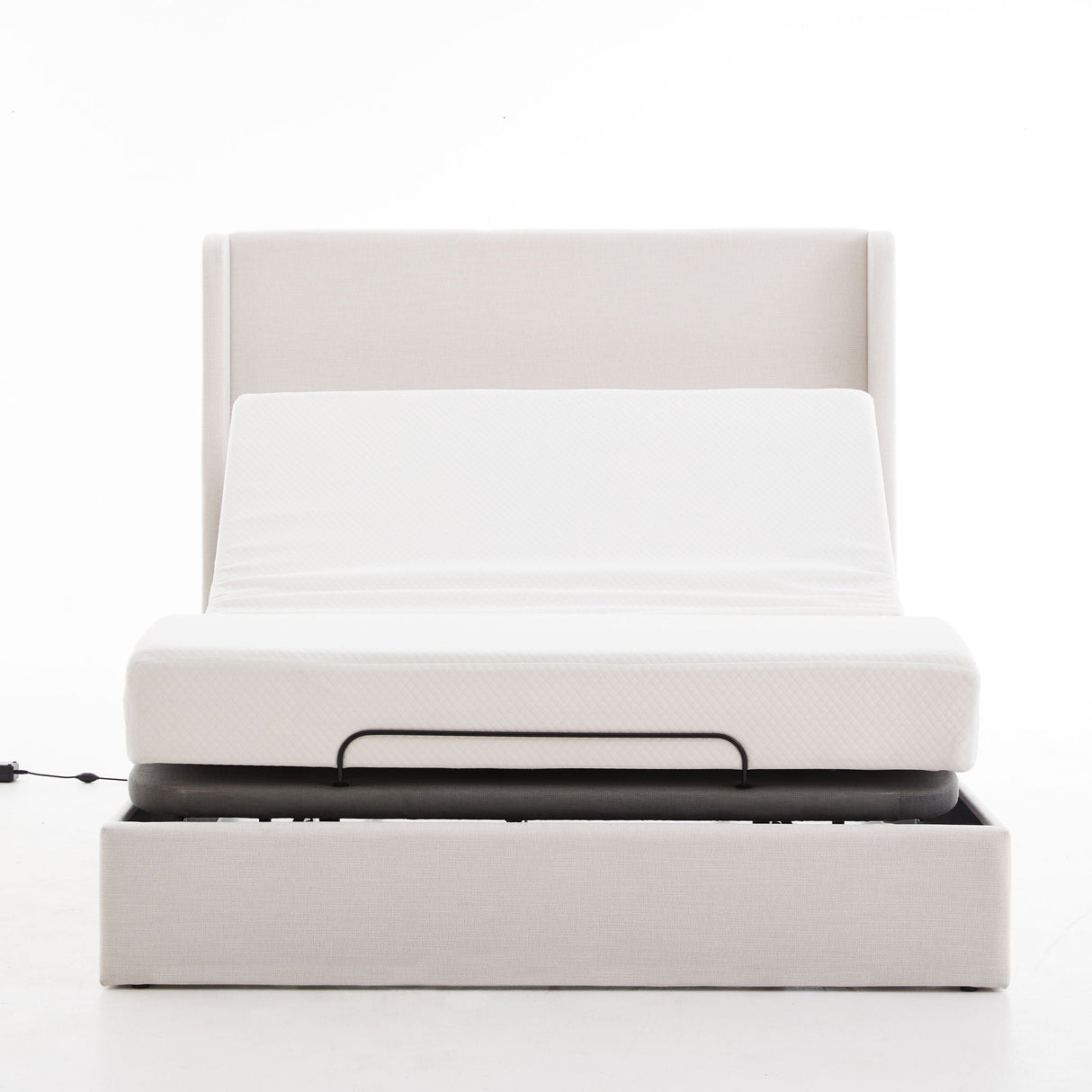 Caron - Queen Size Upholstered Wingback Bed With Adjustable Base Bundle Set - Ivory