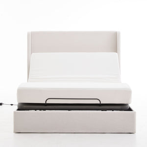 Caron - Queen Size Upholstered Wingback Bed With Adjustable Base Bundle Set - Ivory
