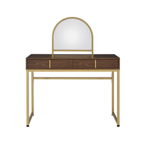 Walnut & Gold Finish Vanity Desk with Mirror & Jewelry Tray – Coleen