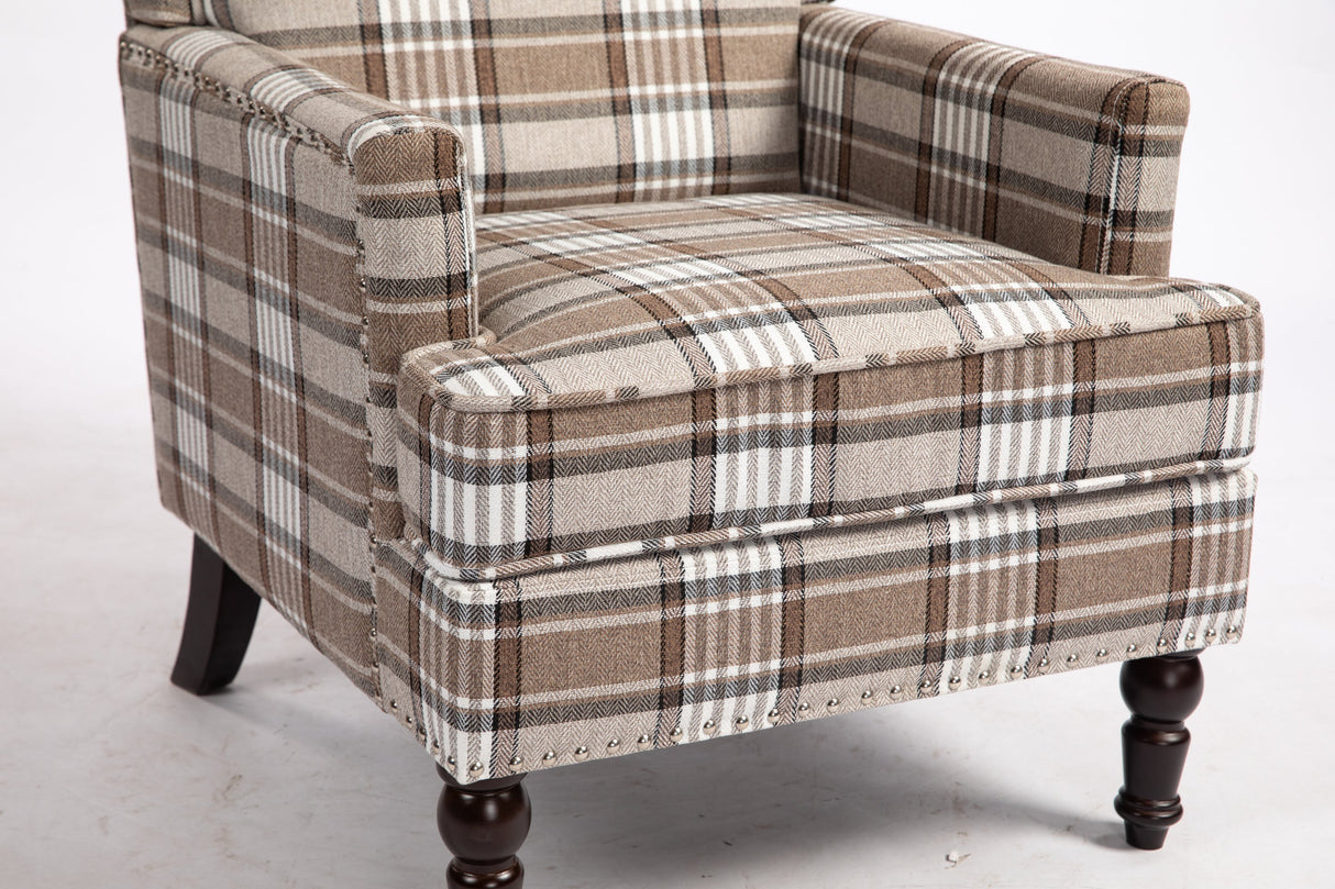 Upholstered Accent Chair with Brown Linen Fabric and Nailhead Trim
