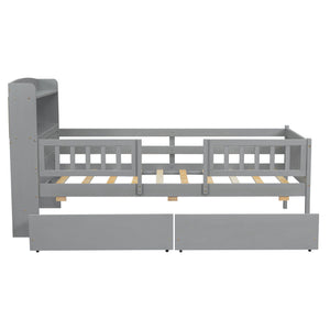 Platform Bed With LED Light, Multi Functional Headboard, Guardrail And 2 Drawers