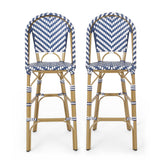 29.5" outdoor pe rattan french barstool, navy blue and white, aluminum frame with bamboo finish (set of 2)