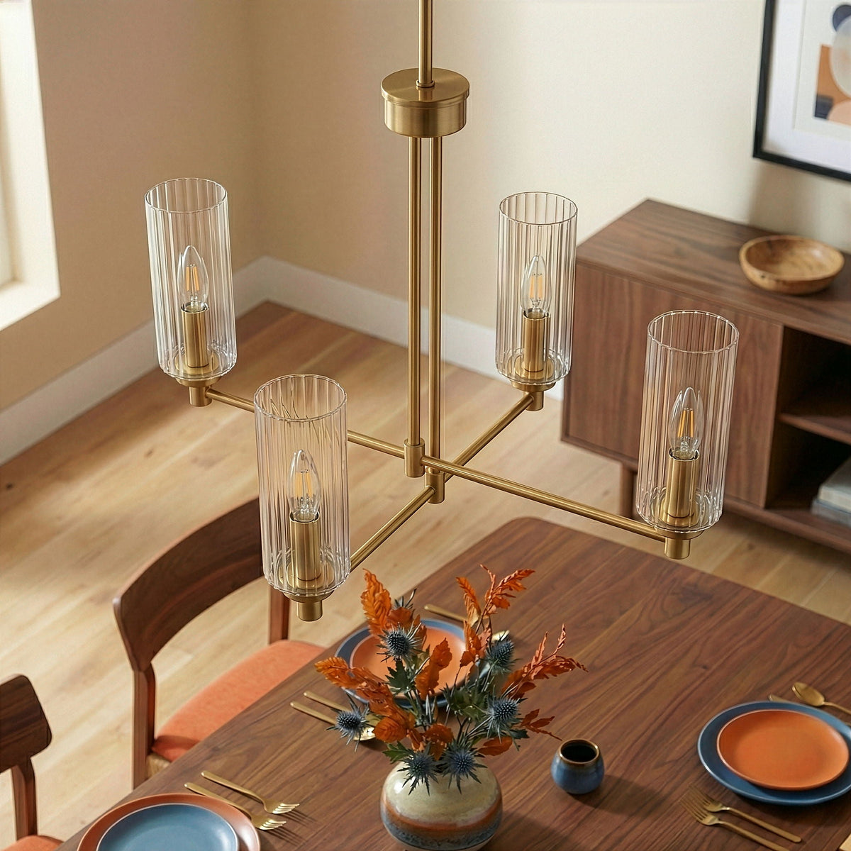 Enigma - 4 Lights Chandelier With Clear Ribbed Satin - Antique Brass / Clear / Gold