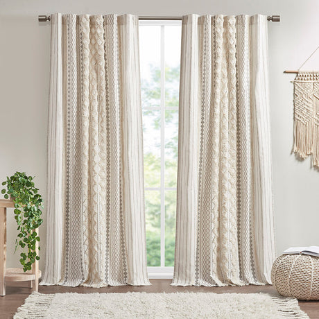 Cotton printed curtain panel with chenille stripe and lining