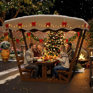 Outdoor Waterproof Solid Wood Picnic Table and Bench Set with Removable Canopy