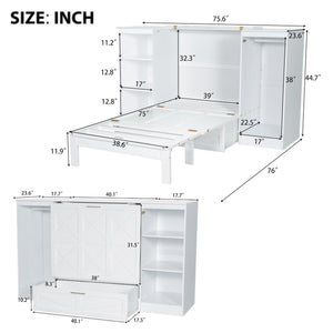 Twin Size Murphy Bed With Bedside Shelves And Wardrobe - White