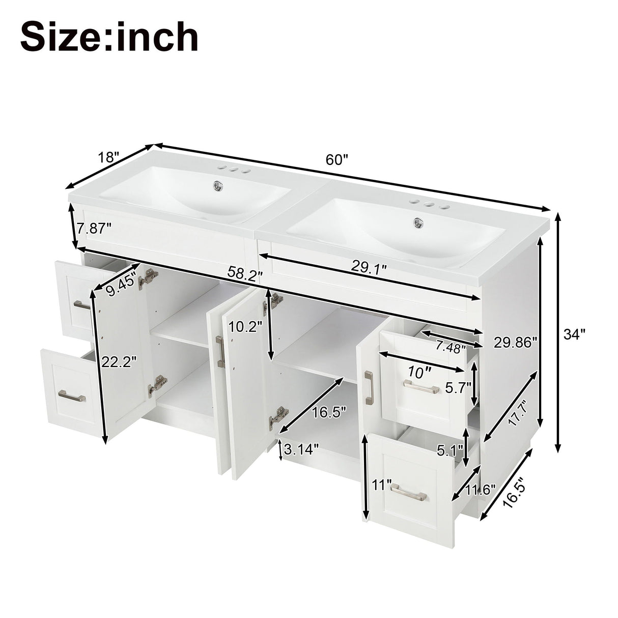 Bathroom Vanity with 4 Cabinet Doors, 4 Drawers, Dual Sinks - White