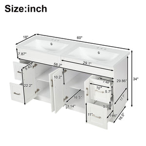Bathroom Vanity with 4 Cabinet Doors, 4 Drawers, Dual Sinks - White