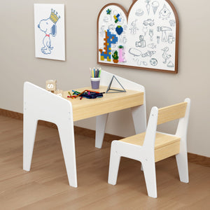 Children's White Study Table Set with Chair for Ages 2-8 - Wood