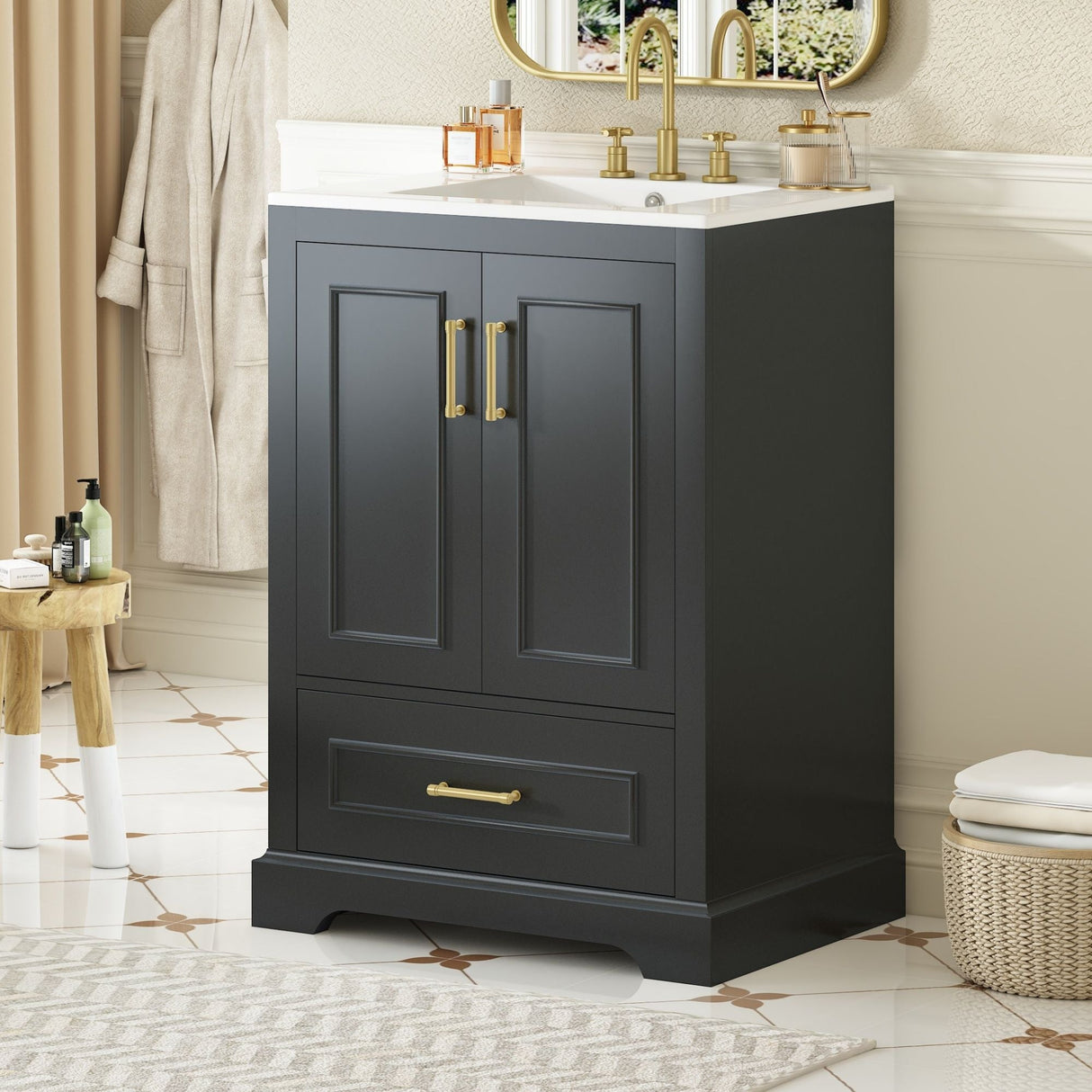 Bathroom Vanity With Sink, 1 Divided Drawer And 2 Soft Close Doors With Double Shelf