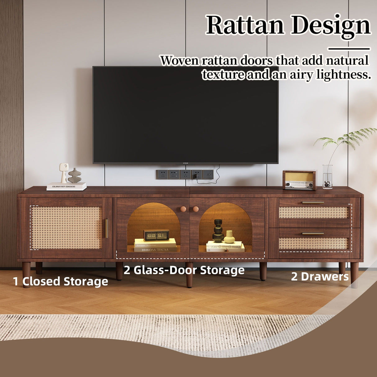 TV Stand With App-Controlled LED Lights, 2 Drawers & Door Storage